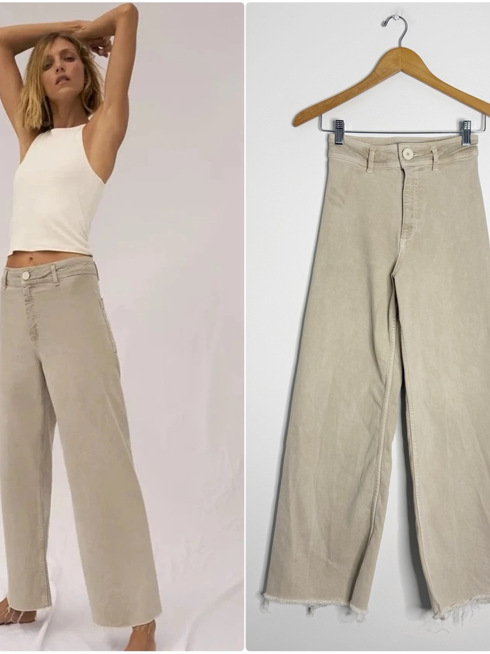 Zara Marine Straight Khaki Wide Leg Jeans Size 2 High Rise Raw Hem